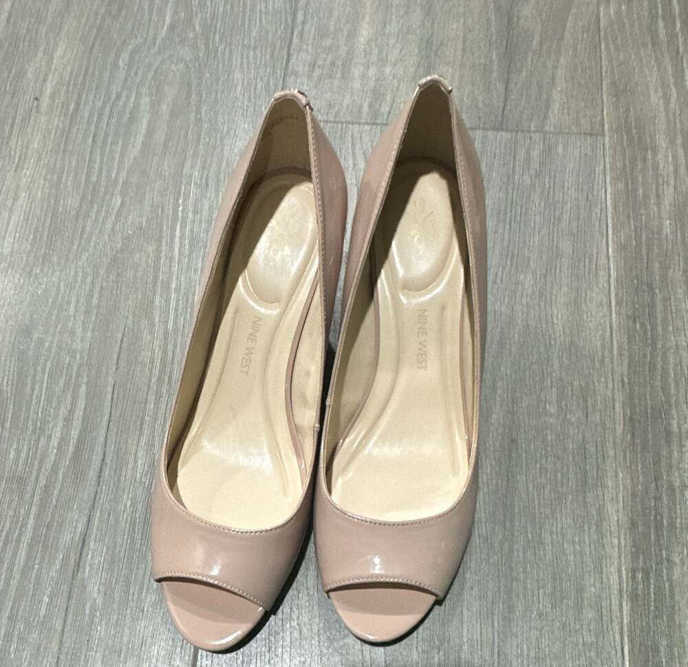 Nine West Barely Nude Patent Peep Toe Wedge Pumps